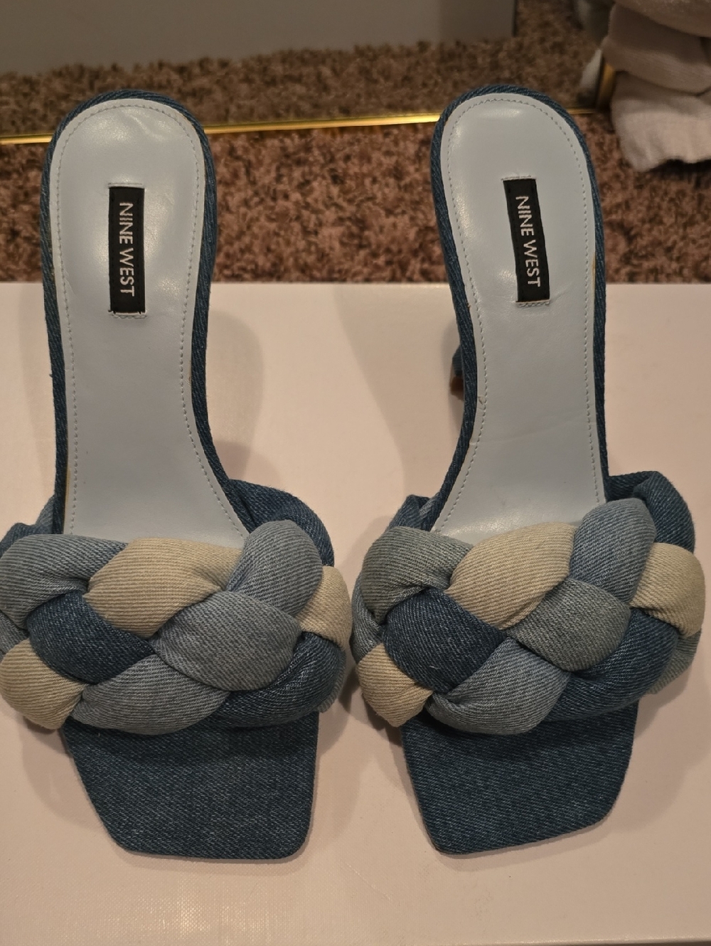 Nine West Braided Denim Slide Mules in Blue and Cream